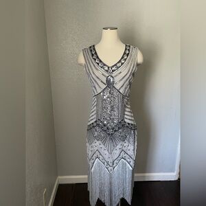 Silver Sequin Embellished V-Neck Sheath Dress for Prom